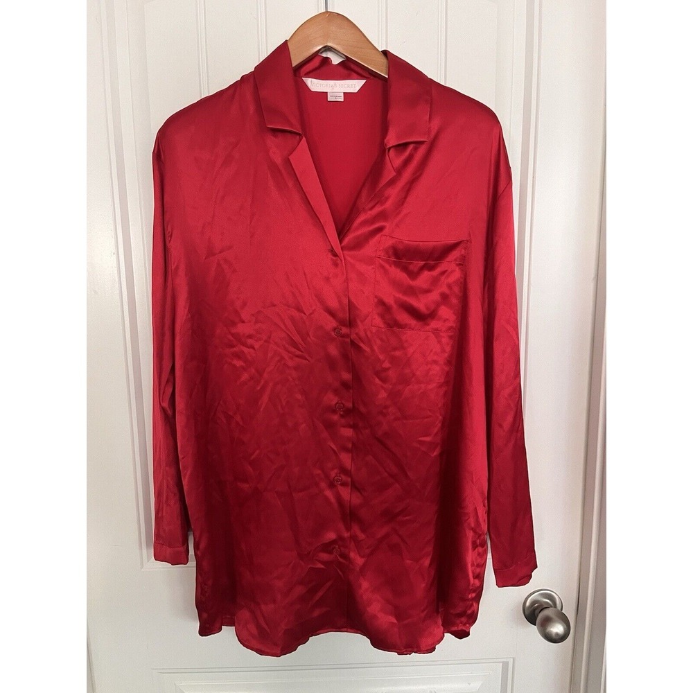 Victoria's Secret Red Long Sleeve Silky Satin Sleep Shirt Gown Nightie Large 199